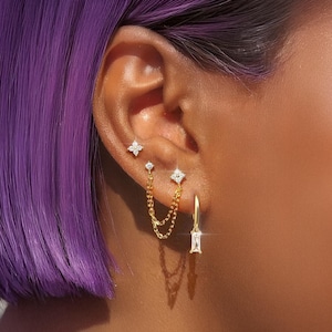 Gouden oorbellen set, hangende oorbellen, stapel oorbellen voor meerdere piercings, gouden CZ hangoorbellen, alledaagse oorbellen cadeau, cadeau voor haar