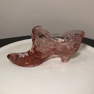 Vintage Fenton pink cabbage rose glass slipper shoe hand painted signed