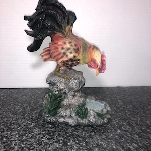Vintage resin rooster chicken statue figurine perched on stone water base country farmhouse decor