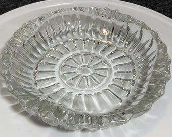 Vintage Pressed Glass Ashtray Trinket Dish | Clear Ribbed Glass Ring Dish | Starburst Glass Catchall | Mid Century Vanity Decor