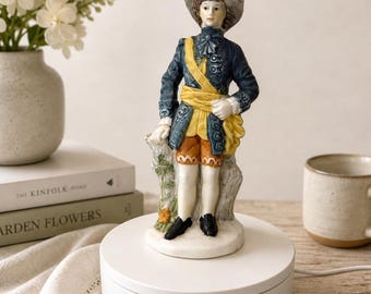 Vintage Porcelain Gentleman Figurine Lamp Base, 18th Century Style Colonial Man Statue, Blue Coat Yellow Sash Decor, Cottage Core Accent
