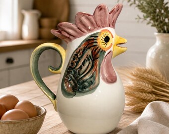 Vintage Rooster Pitcher Made in Portugal | Ceramic Chicken Jug | Farmhouse Country Kitchen Decor | 11 Inch