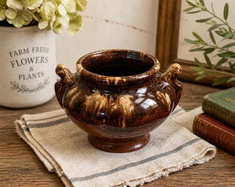 Vintage Brown Drip Glaze Planter Double Handle Ceramic Jardiniere Rustic Mid Century Pottery Cachepot Boho Home Decor