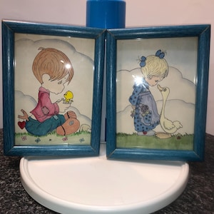 Vintage Precious Moments framed wall art hanging picture frames prints boy duck girl goose nursery home decor collectible