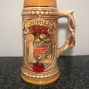 Vintage souvenir 1982 Worlds Fair beer stein mug cup with handle Knoxville, TN made in Japan Sunsphere