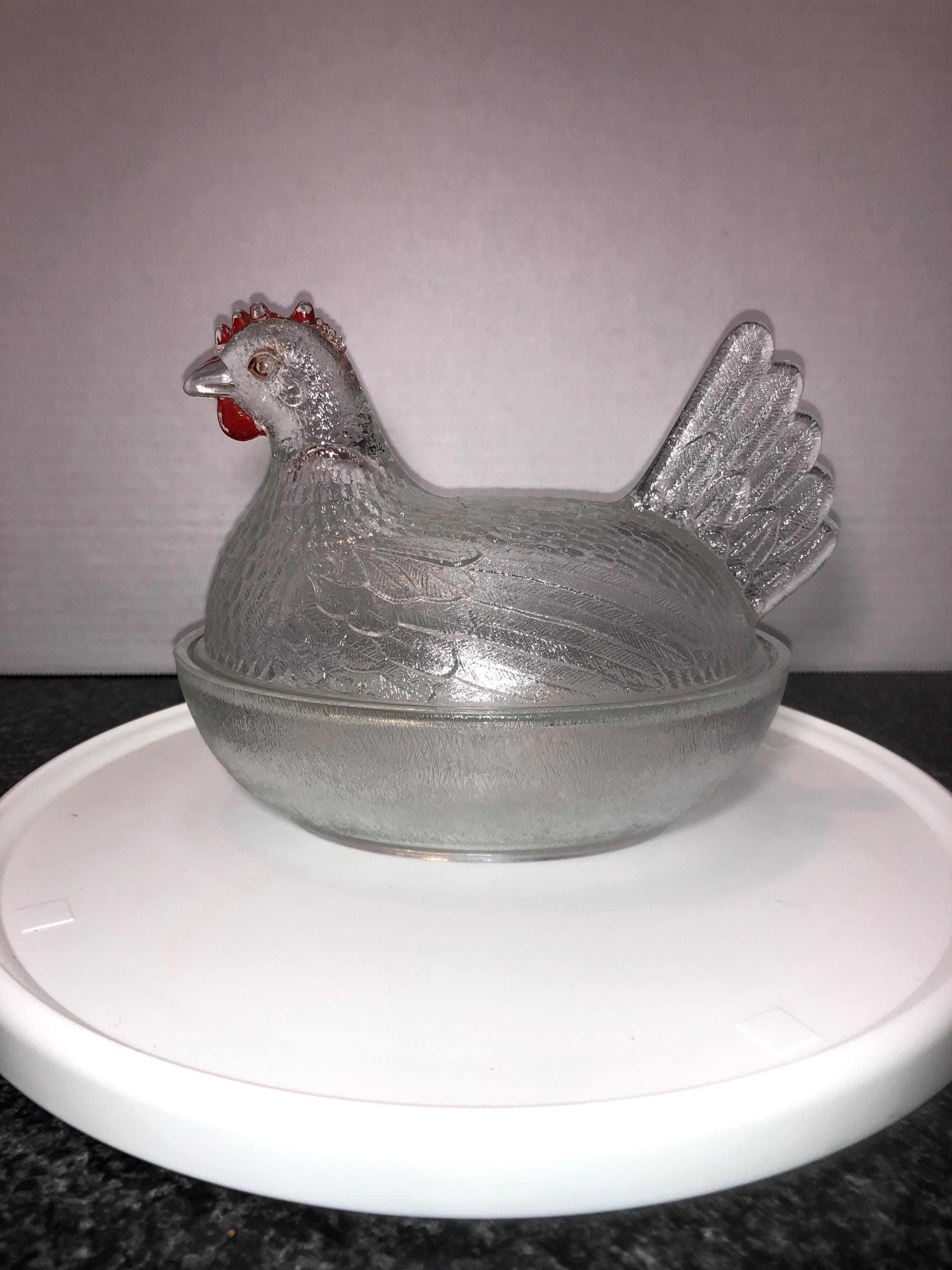 Vintage Indiana Glass Co Clear Beadless Hen on Nest Red Comb