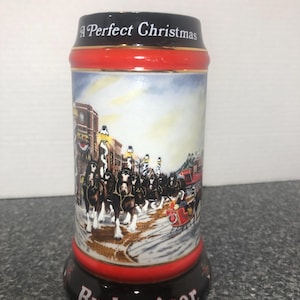Vintage 1992 Collector’s series “A Perfect Christmas” Budweiser Clydesdales 8 horse hitch and wagon beer stein mug cup Brazil Ceramarte