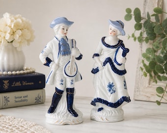Vintage Blue White Porcelain Figurines Pair | Colonial Victorian Couple Musicians | Delft Style Man Woman Harp Mandolin Cottage Decor
