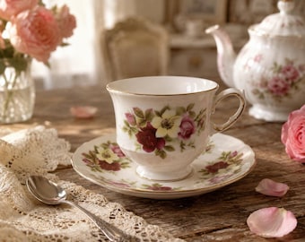 Vintage Queen Anne Bone China Teacup & Saucer Set England | Ridgway Pottery Floral Rose Tea Cup Gold Trim English Cottagecore