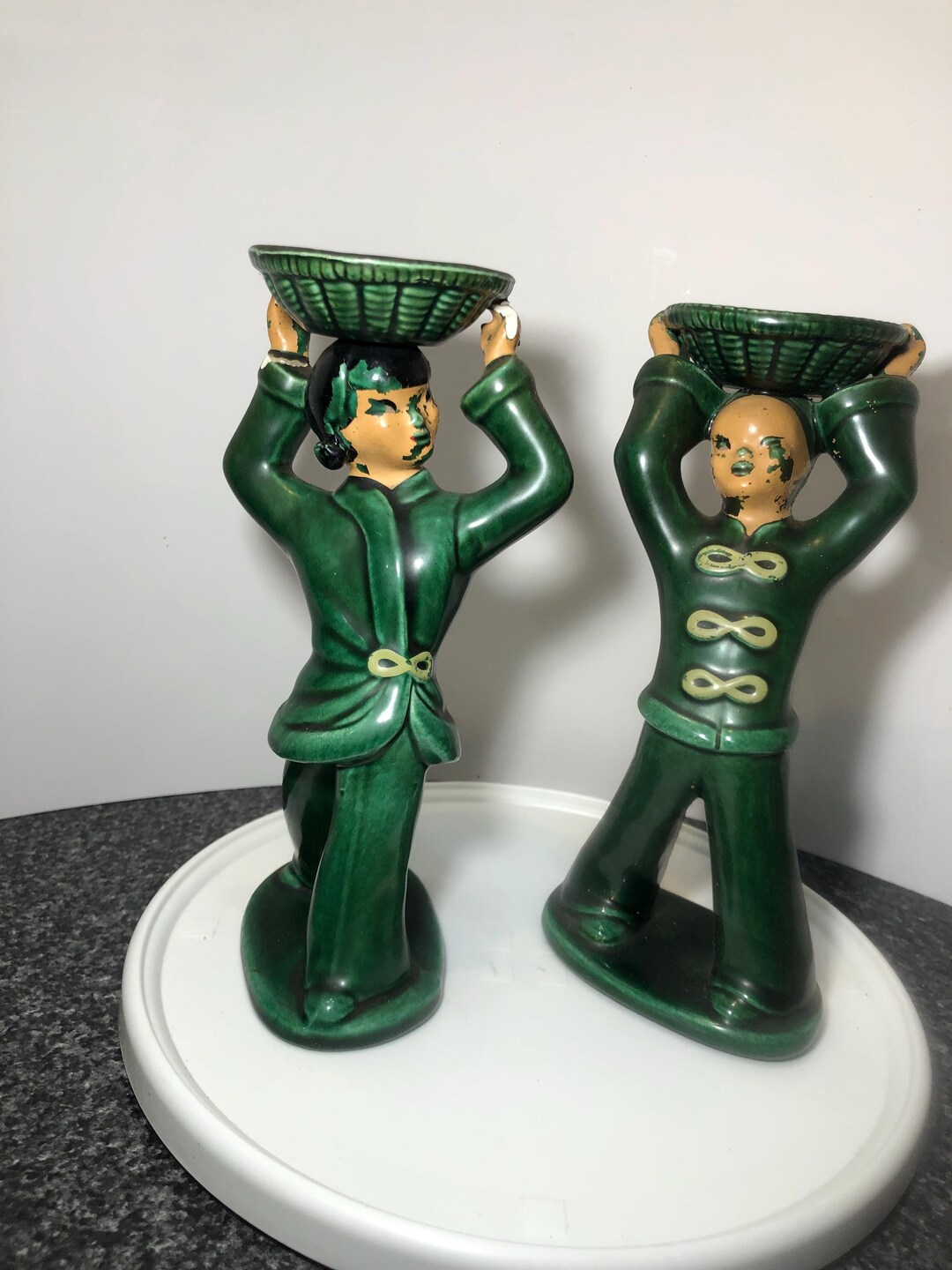 食器 Yuna 2 Vintage Yona Figurines Jade Green Glaze Ceramic Oriental Asian