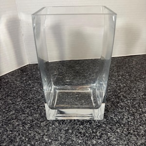Può includere: Un vaso quadrato in vetro trasparente con base rettangolare. Il vaso ha un design moderno e minimalista, perfetto per esporre fiori o come elemento decorativo. Il vetro trasparente permette di vedere completamente il contenuto.