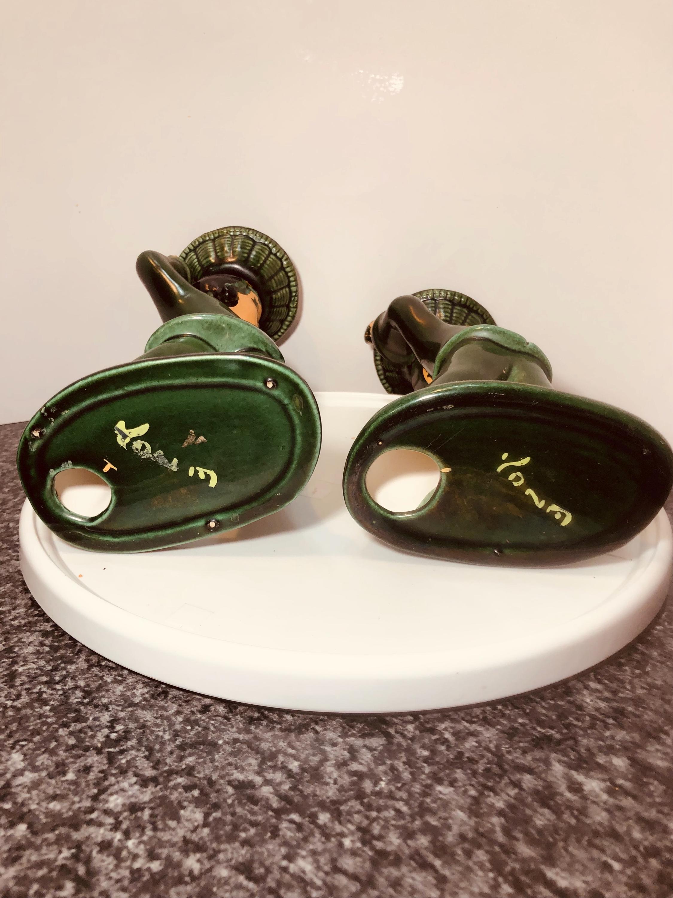 2 Vintage Yona Figurines Jade Green Glaze Ceramic Oriental Asian