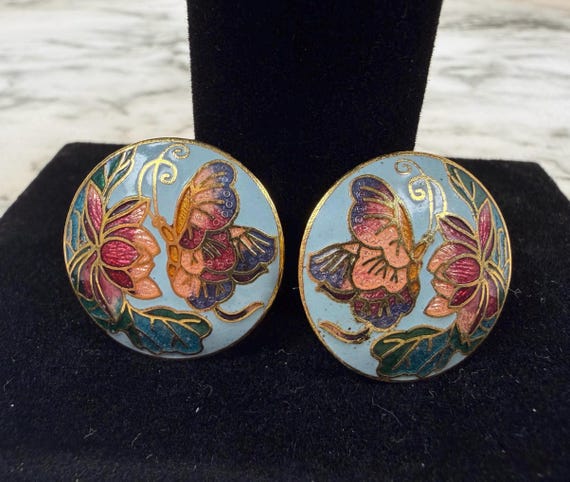 Vintage Sea Gems Cloisonné Butterfly & Lotus Clip-On Earrings | British Enamel Gold Tone Floral Disc Earrings