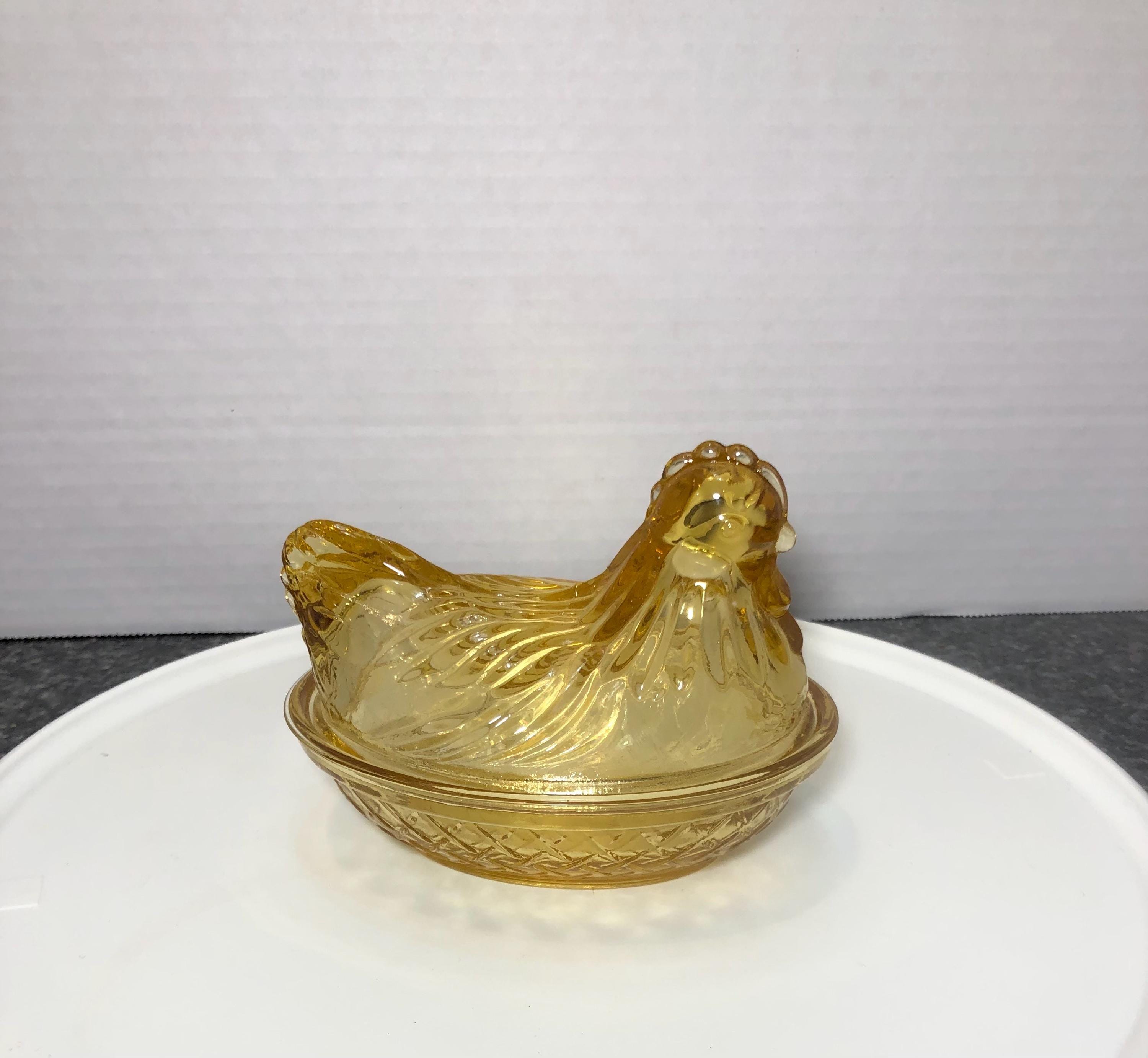 Vintage Hazel Atlas Yellow Amber Mini Hen on Nest Chicken Trinket