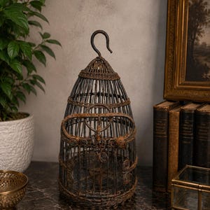 Pode incluir: Uma gaiola decorativa em estilo antigo feita de metal castanho escuro e material tecido. A gaiola tem um topo curvo com um gancho para pendurar e uma pega decorativa. A gaiola é projetada com uma estética vintage.