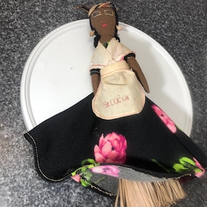 Vintage corn husk doll St Lucia handmade black pink roses