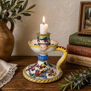 Vintage Tin-Glazed Pottery Chamberstick Candle Holder | Hand Painted Majolica Style Ceramic Candlestick