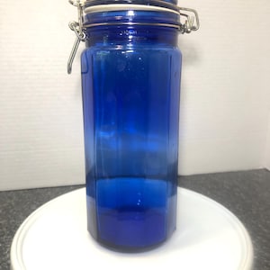 Vintage cobalt blue glass canister 9.5” storage jar container wire bale hinged lid panel canister