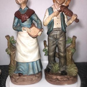 Vintage old man playing violin and woman with harp Flambro figurines statues hand painted porcelain