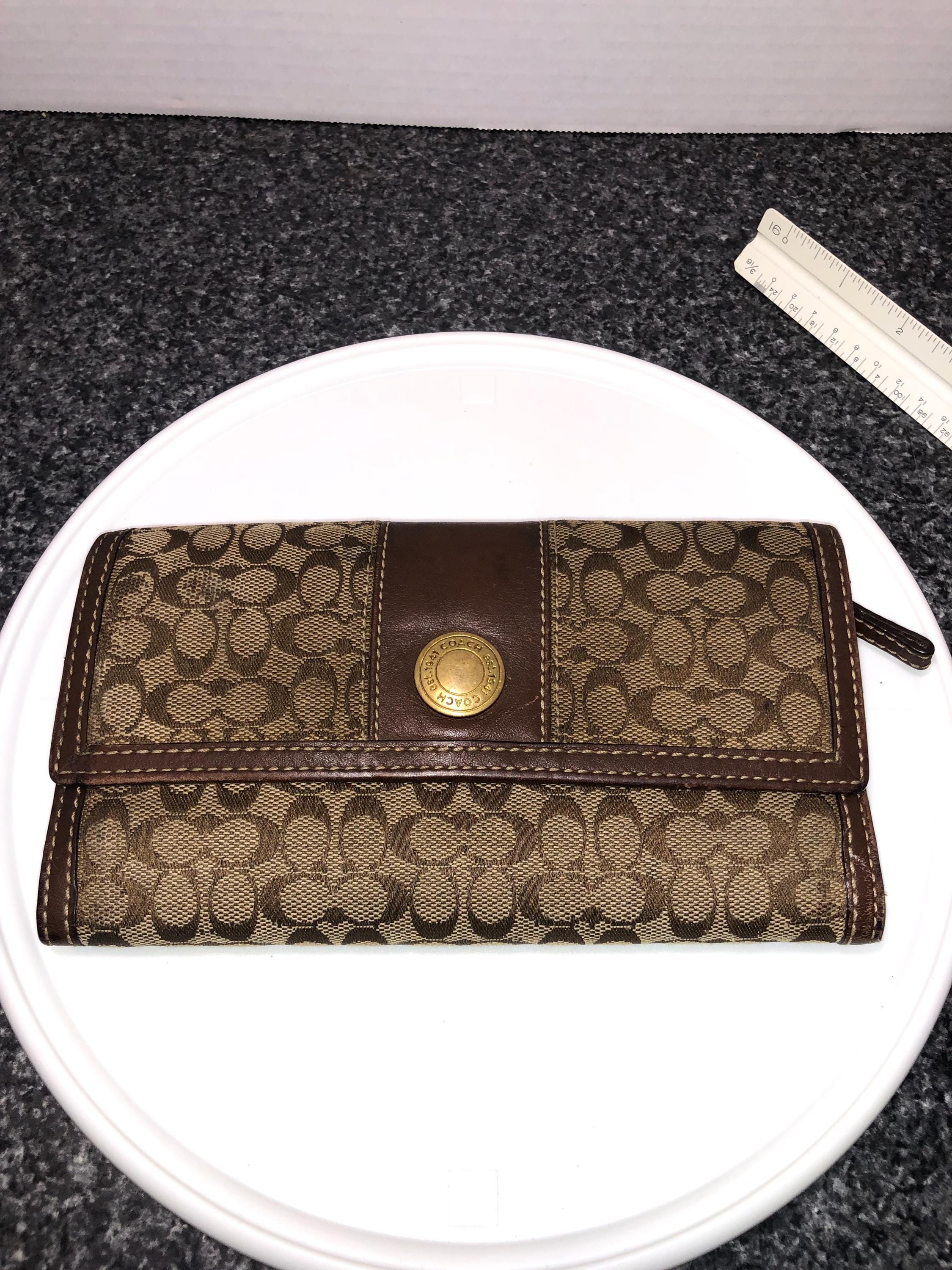 Vintage Coach Signature Tan Brown Trim Trifold Womens Wallet Check