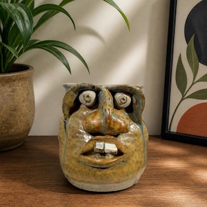 Vintage Southern Folk Art Face Mug Handmade Studio Pottery Monster Mug Sculptural Stoneware Coffee Cup