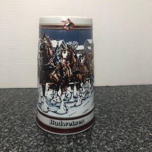 Vintage 1989 collectors series Budweiser Clydesdales The tradition continues beer stein mug cup horses on winters evening Ceramarte