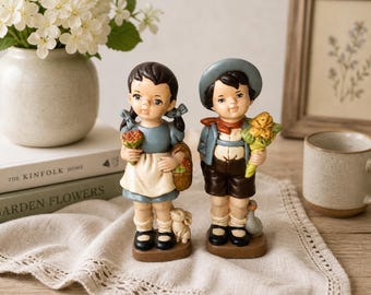 Vintage Hummel Style Figurines Boy Girl Pair, Ceramic Children with Flowers, Cottage Core Decor, Mid Century Japan Style
