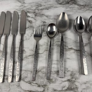 May include: A set of stainless steel flatware featuring four dinner knives, one fork, one small spoon, one large spoon, and three additional spoons. Each piece displays a consistent silver finish and a decorative scroll pattern on the handle.