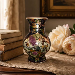 Vintage Moriage påfågelvas handmålad japansk stil keramik svartguld blommig fågelvas