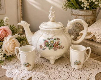 Servizio da tè vintage LOMA con teiera e 2 tazze, set da tè color crema con decorazioni floreali, servizio da tè in stile cottage, teiera giapponese di metà secolo, decorazione shabby chic