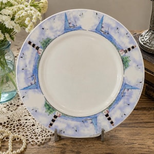 Vintage Thomson Pottery Lighthouse Dinner Plate Nautical Coastal Beach Cottage Decor Blue White Sailboat Seagull Plate Coastal Kitchen Dinin