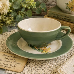 Vintage Taylor Smith Taylor Conversation Cup & Saucer | Walter Dorwin Teague | Green Floral Mid-Century Tea Cup