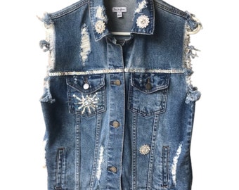 Pailletten Nieten und Perlen Kurzarm Jeansjacke Sz S / P