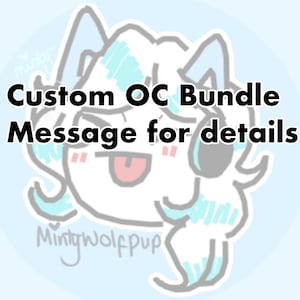 May include: A cartoon character illustration with blue accents and the text "Custom OC Bundle Message for details." The character features light blue ears, hair, and a pink tongue. The artist's signature, "Mintywolfpup," is at the bottom.