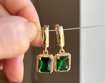Boucles d'oreilles rectangulaires vert émeraude avec zircons, boucles d'oreilles plaquées or vert émeraude