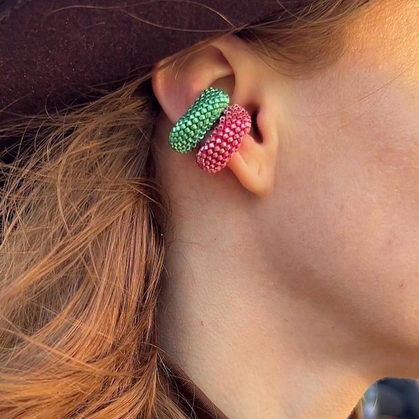 Pendiente de oreja grueso con cuentas, joyería colorida y texturizada sin perforación, pendiente de oreja escultural con cuentas