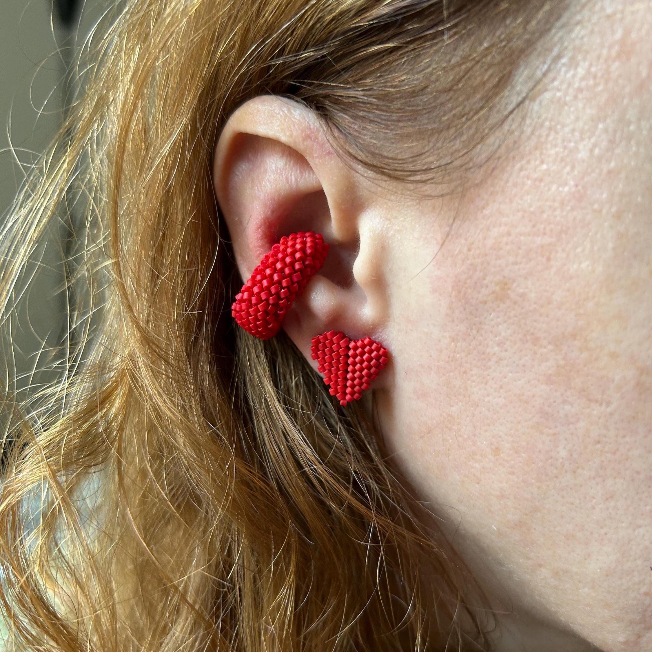 Red Beaded Ear Cuff, Adjustable Non-Pierced Textured Earring, Chunky…