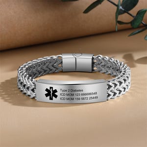 Bracelet d'alerte médicale personnalisé pour homme, bracelet d'identification médicale en acier inoxydable gravé, cadeaux pour le diabète, les allergies, l'épilepsie, etc.