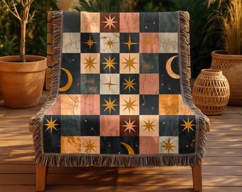 Boho Sun & Moon Woven Blanket: Celestial Astrology Throw, Tapestry Quilt