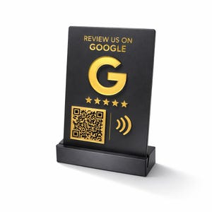 Google Review NFC Stand with QR Code – Black & Gold Tap to Review Display Sign for Table or Counter | Google Reviews QR Code Display