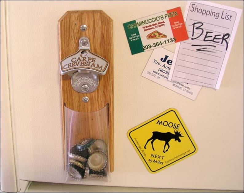 Novlety Beer Gift Carpe Cervesiam Bottle Opener Bottle Cap Catcher Magnetic or Wall Mount Clear Pouch