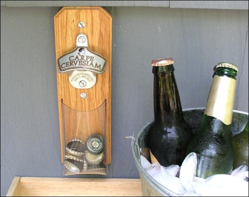 Novlety Beer Gift Carpe Cervesiam Bottle Opener Bottle Cap Catcher Magnetic or Wall Mount Clear Pouch