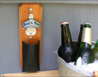 Personalized Mahogany Cap Catcher Bottle Opener, Groomsmen Gift - Magnetic & Wall Mount, Leather Pouch