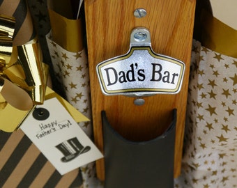 Personalized Father's Day Gift, Wall-Mount Bottle Opener with Bottle Cap Catcher - Magnetic or Wall Mount - Leather Pouch