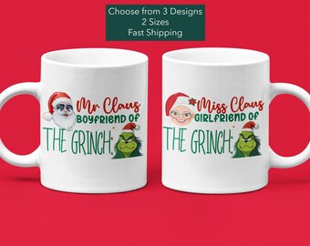 2 Piece Set Funny Couple Christmas matching Mugs Mr and Miss Claus Boyfriend Girlfriend of the Grinch Trendy Xmas Fiance Grinchmas gift