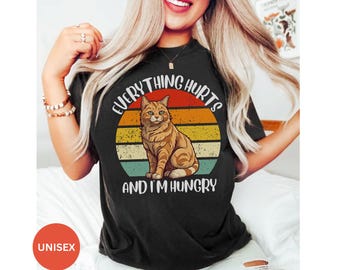 Funny Ginger Cat Owner Shirt for Men Women Everything hurts I am Hungry Summer gifts for Ginger Orange Cat Mom Dad, Retro Ginger Mama Shirt