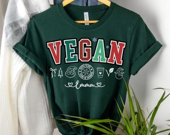 Unisex Vegan Christmas Tees Sweatshirt Perfect Vegeterian Gift for Men Women - Custom Name Vegan Christmas Tops - Retro Eco Christmas Shirts
