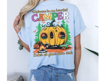 Trendy Halloween Camping Shirts Haunted Camper Sweatshirt Tshirt - Camp Halloween gifts - Unisex Spooky Pumpkin Campfire Shirt for Men Women