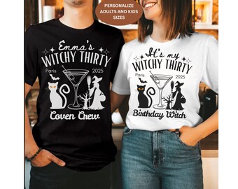 Personalized Witchy Thirty Birthday Party Shirt - Witch 30th Party tops for Birthday Girl, Custom Halloween Witch 30th Unisex Men Women Tees