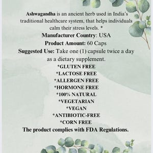 K&ouml;nnte beinhalten: Ein wei&szlig;es Etikett mit schwarzem Text, das Ashwagandha beschreibt, ein uraltes Kraut, das im traditionellen Gesundheitssystem Indiens verwendet wird. Das Etikett besagt, dass das Produkt glutenfrei, laktosefrei, allergenfrei, hormonfrei, 100% nat&uuml;rlich, vegetarisch, vegan, antibiotikafrei und maisfrei ist. Das Etikett besagt auch, dass das Produkt den FDA-Bestimmungen entspricht.